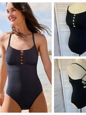 Lands' End Black Crisscross Front Back Lace Up One Piece Swimsuit SZ 10L
